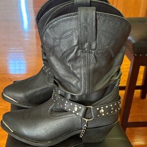 Shyanne Black Leather Heeled Boots with Studs